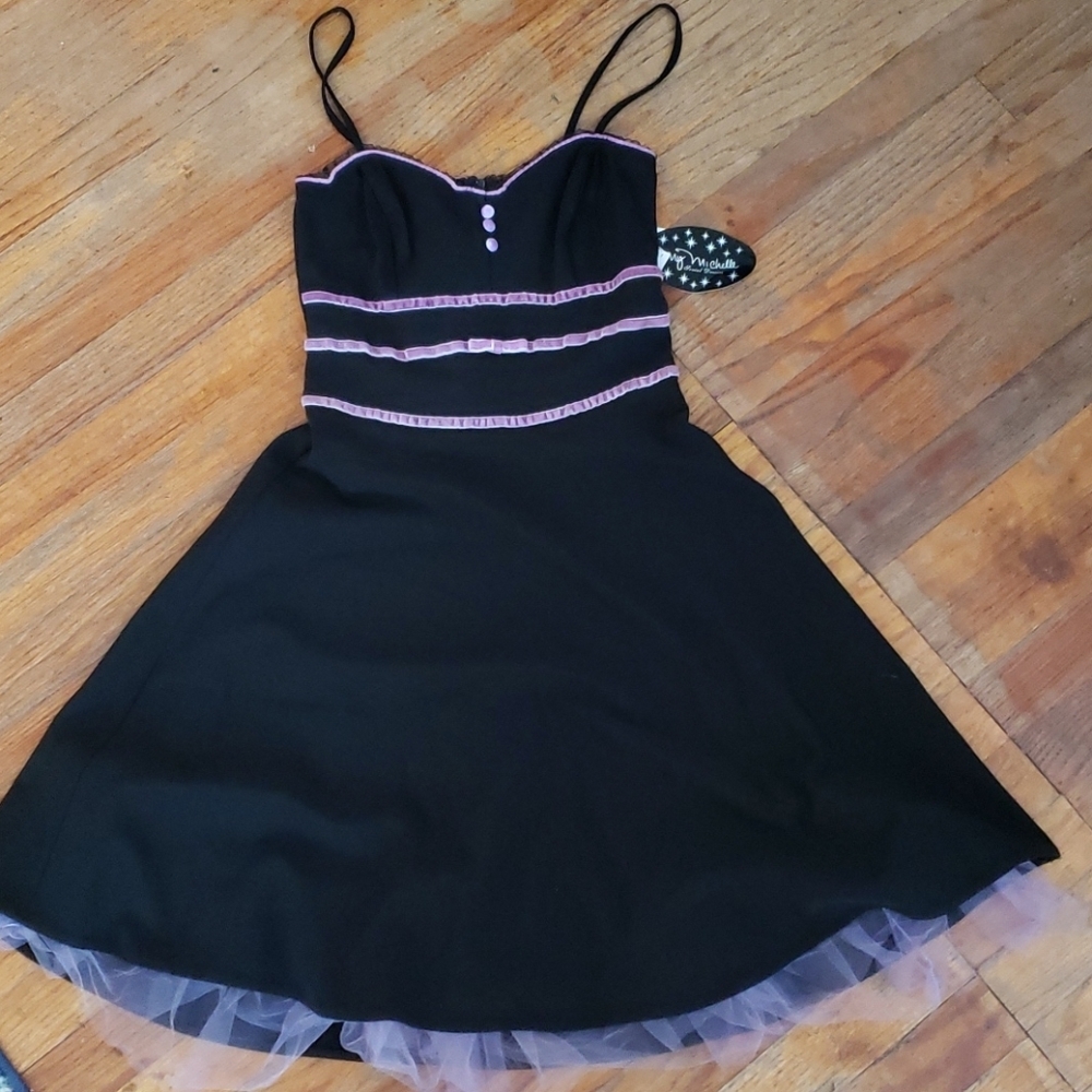 *NWT MY MICHELLE SOCIAL VELVET TRIM TULLE DRESS BLACK SPAGHETTI STRAP SZ 3/4 SM
